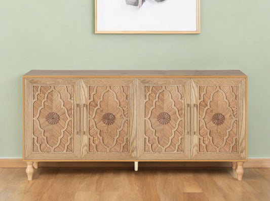 68" Natural Distressed Carved Geometric Sideboard with Four Doors