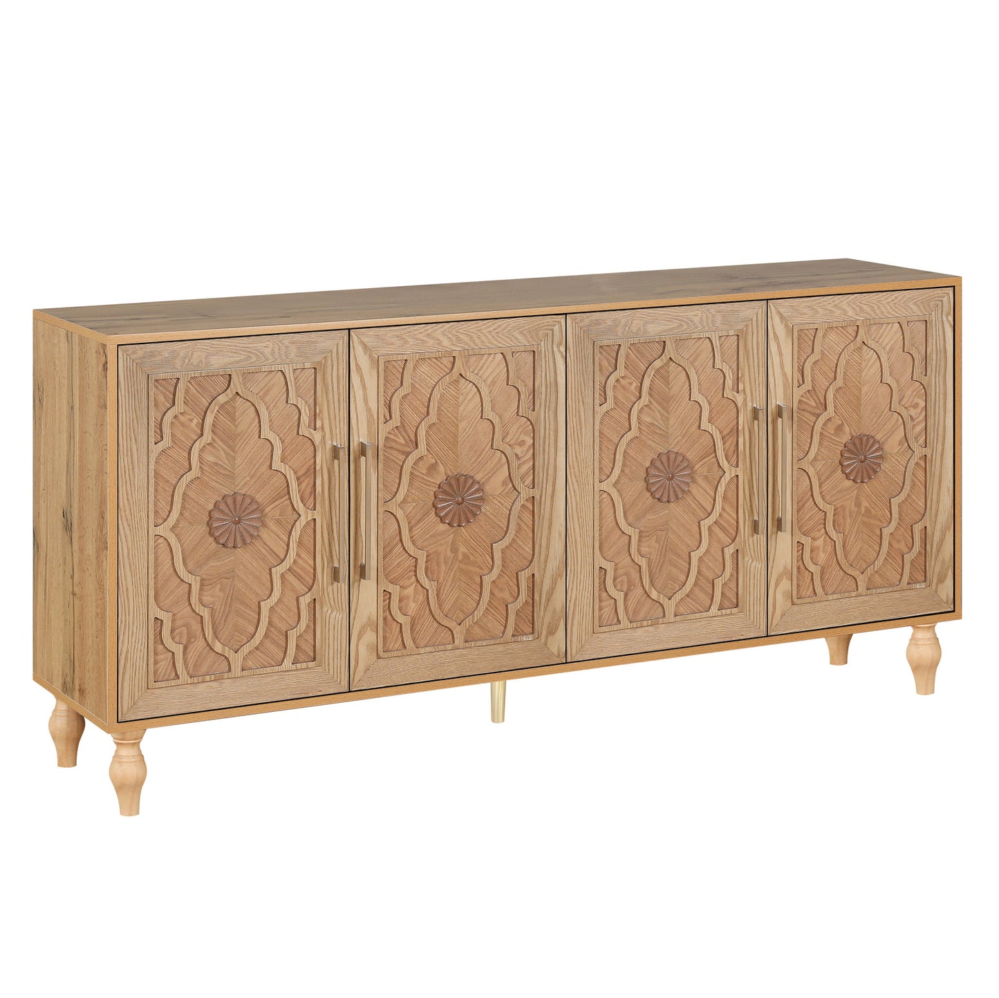 68" Natural Distressed Carved Geometric Sideboard with Four Doors