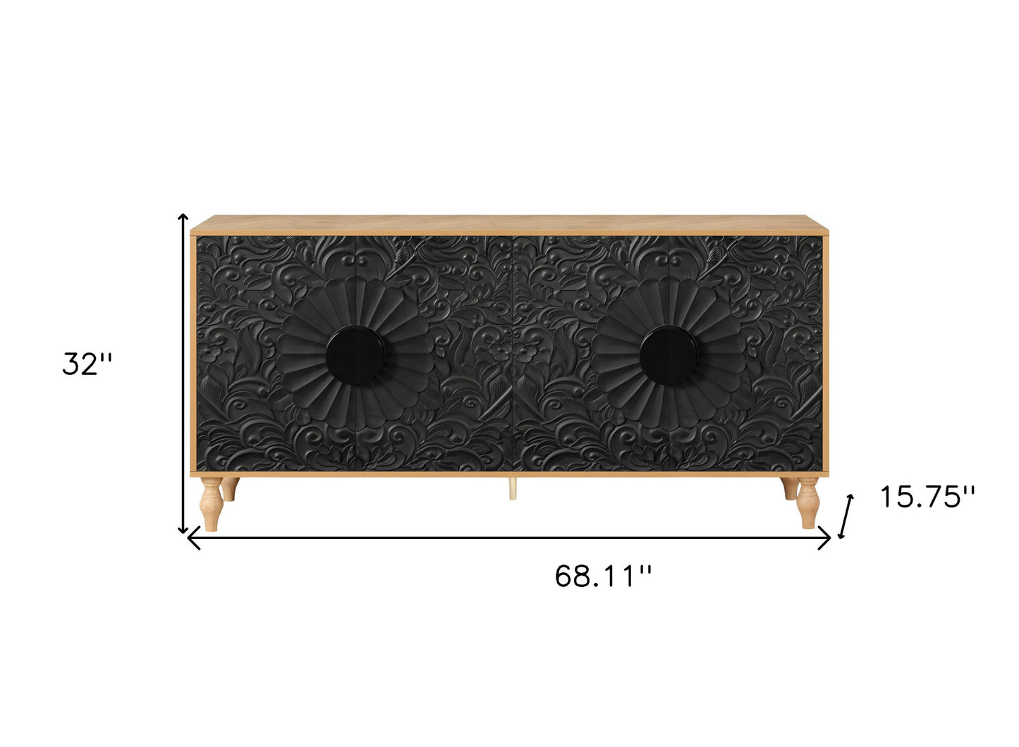 68" Natural and Black Distressed Carved Floral Sideboard with Four Doors