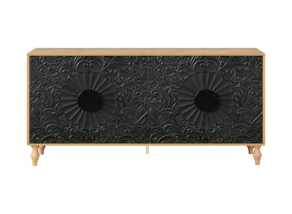 68" Natural and Black Distressed Carved Floral Sideboard with Four Doors