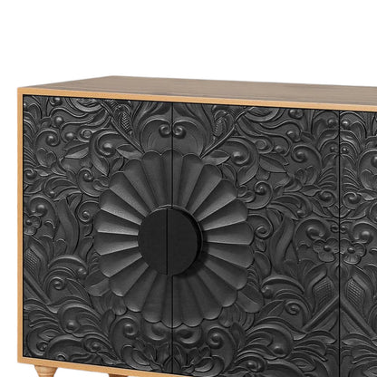 68" Natural and Black Distressed Carved Floral Sideboard with Four Doors