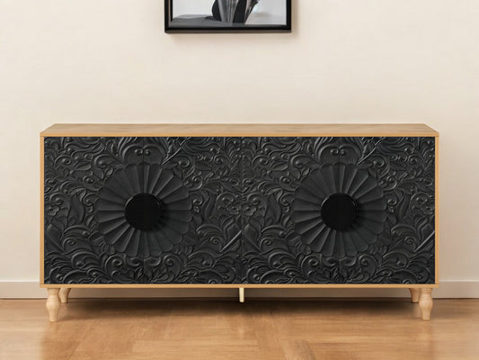 68" Natural and Black Distressed Carved Floral Sideboard with Four Doors