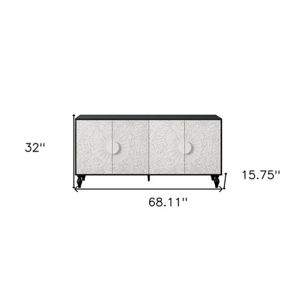 68" Black and White Distressed Carved Floral Sideboard with Four Doors