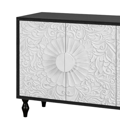 68" Black and White Distressed Carved Floral Sideboard with Four Doors