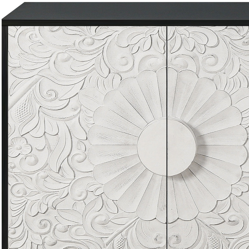 68" Black and White Distressed Carved Floral Sideboard with Four Doors