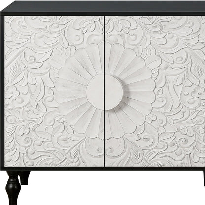 68" Black and White Distressed Carved Floral Sideboard with Four Doors