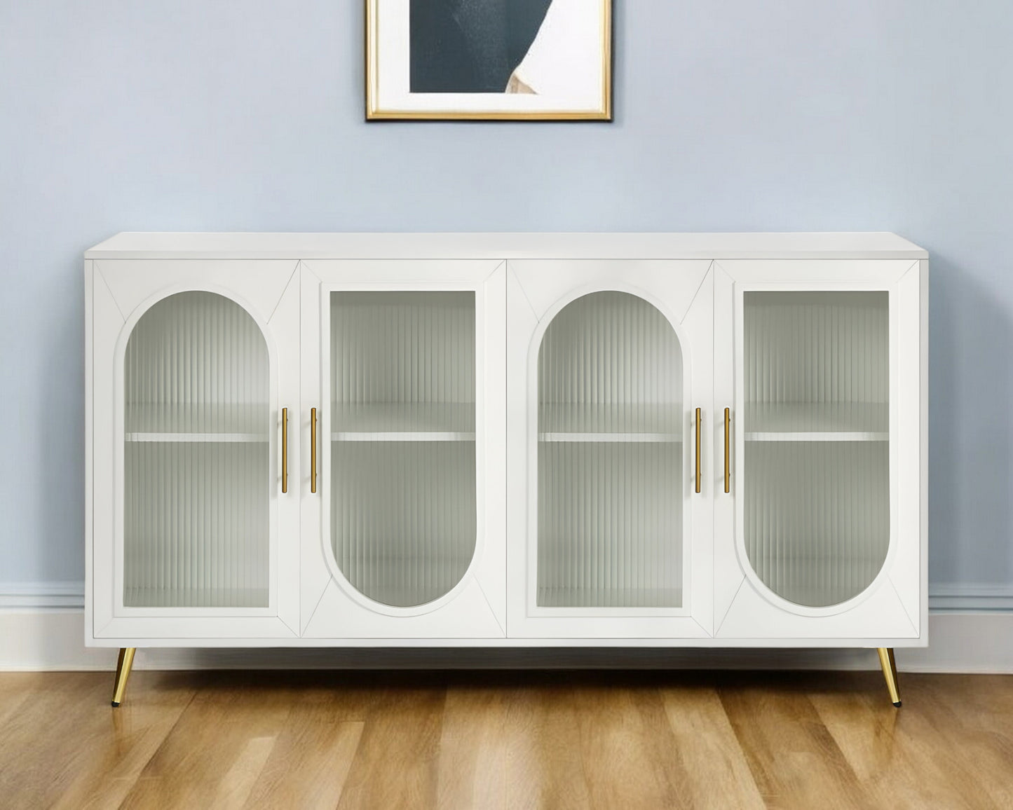 60" White Ribbed Texture Wood And Glass Sideboard with Four Doors