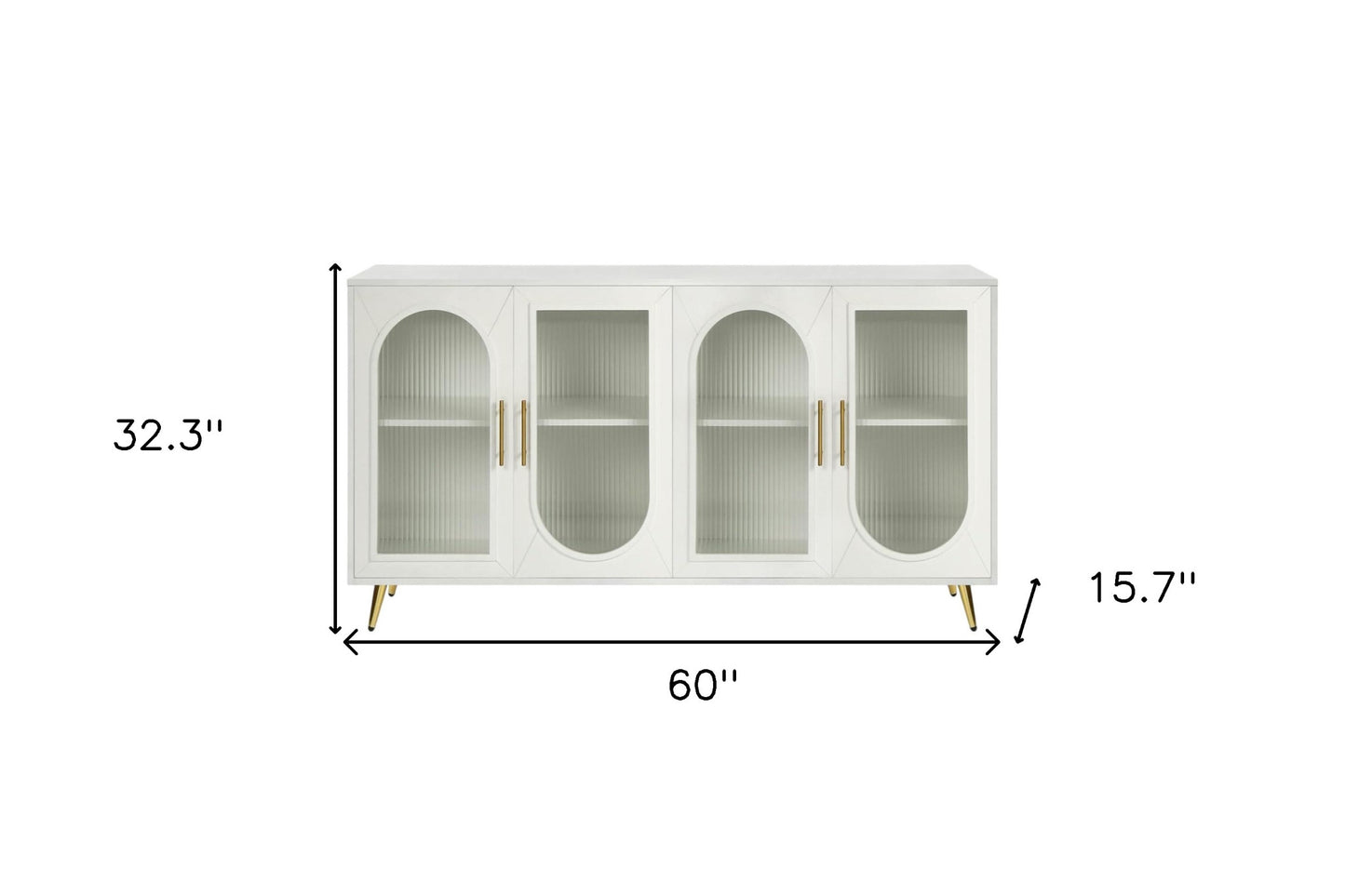 60" White Ribbed Texture Wood And Glass Sideboard with Four Doors