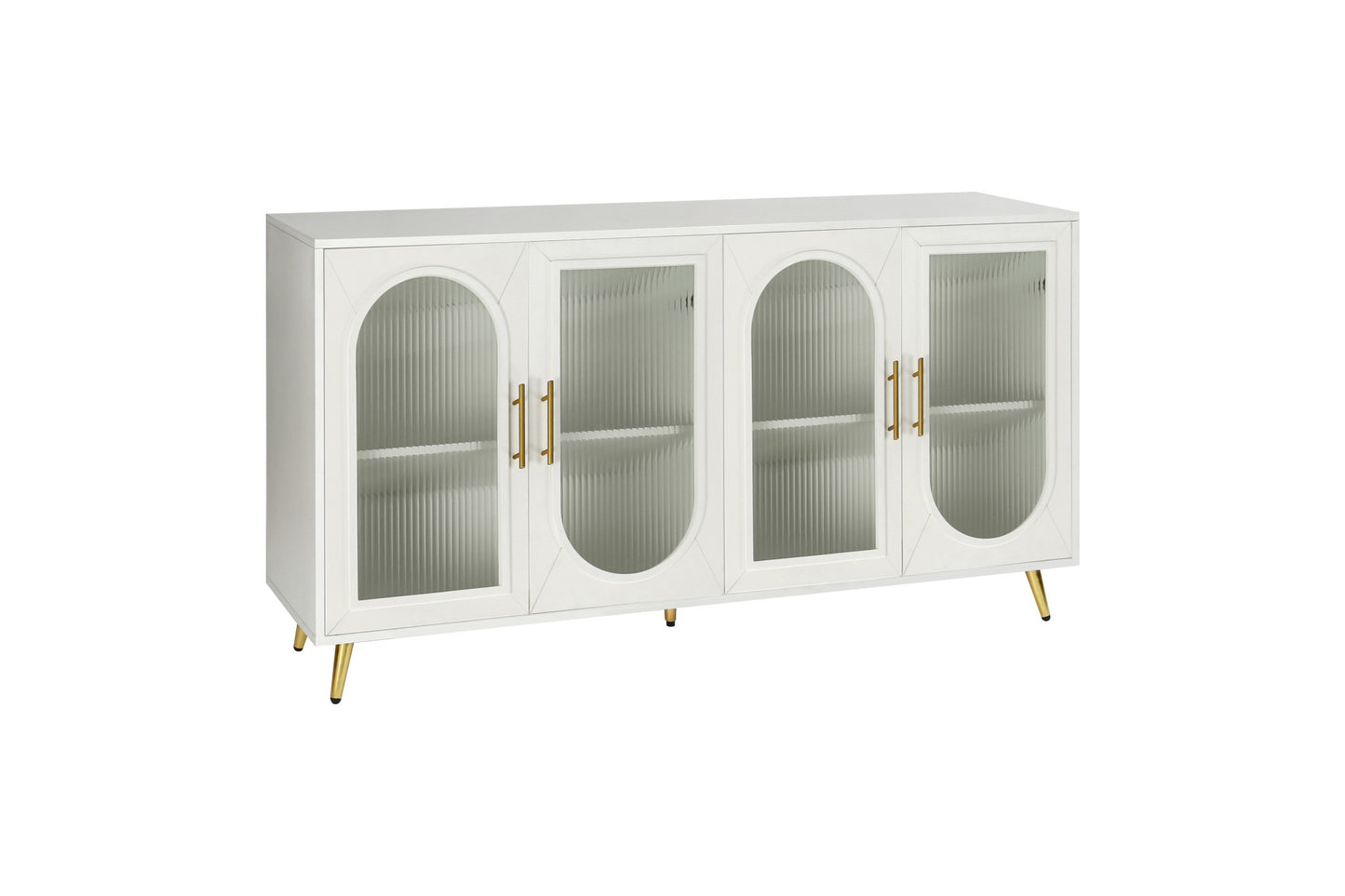 60" White Ribbed Texture Wood And Glass Sideboard with Four Doors