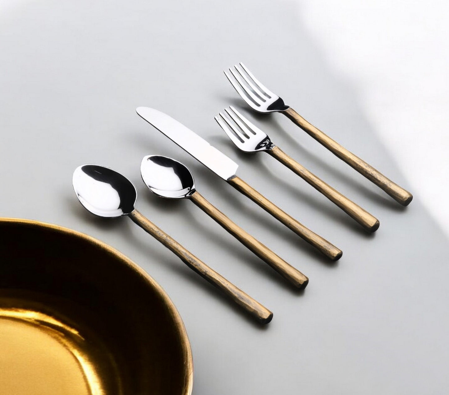 Matte Gold Stainless Steel Twenty Piece Hand Forged Flatware Set