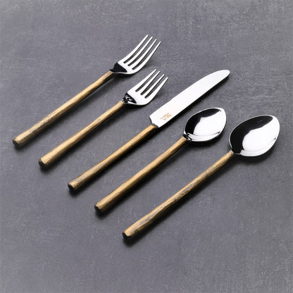 Matte Gold Stainless Steel Five Piece Hand Forged Flatware Set