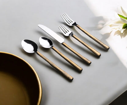 Matte Gold Stainless Steel Five Piece Hand Forged Flatware Set