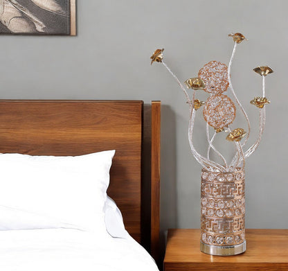 22" Silver And Rose Gold Metal And Acrylic Flowers Bedside Lamp