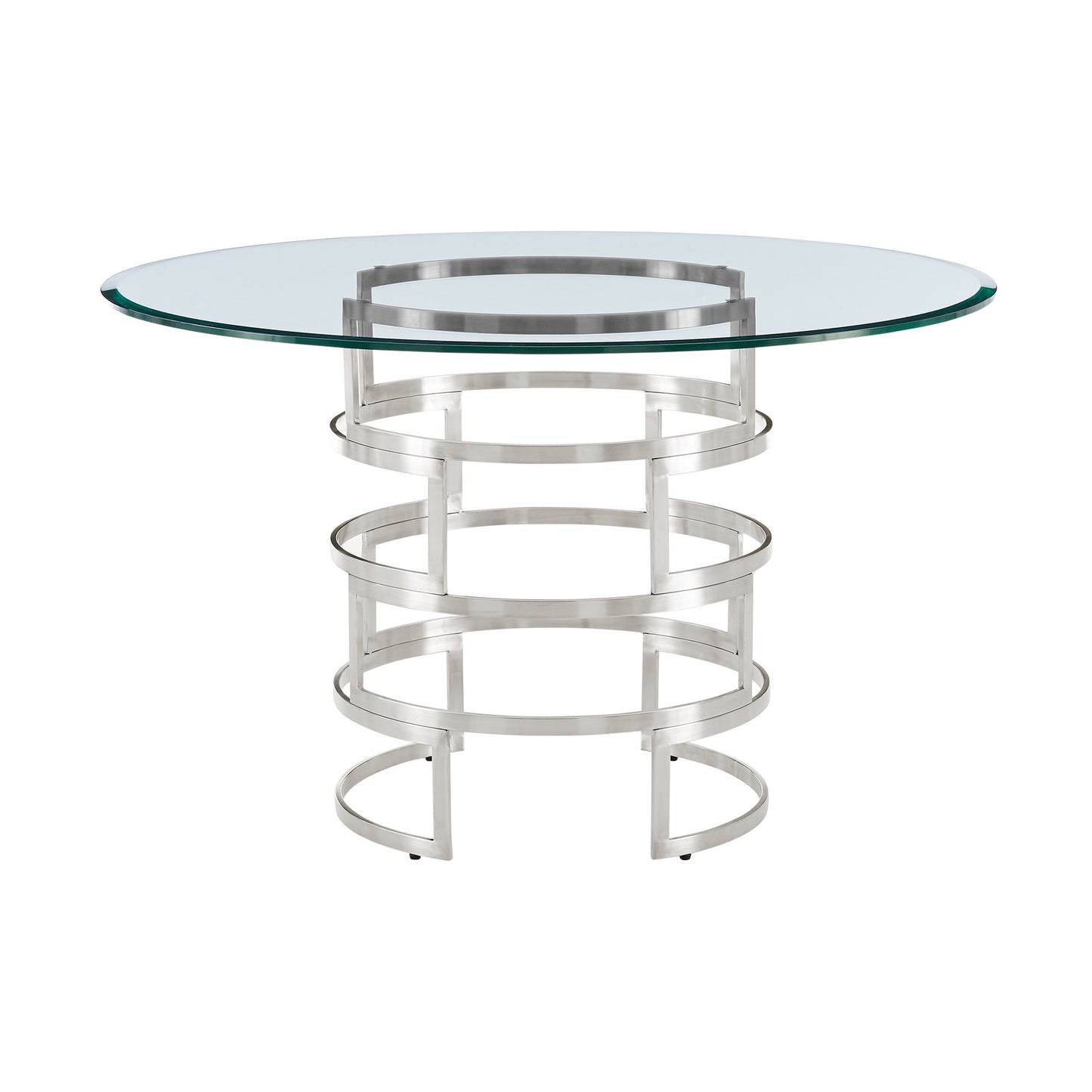 48" Clear And Silver Glass And Stainless Steel Pedestal Base Round Top Dining Table