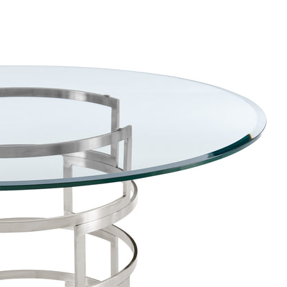 48" Clear And Silver Glass And Stainless Steel Pedestal Base Round Top Dining Table