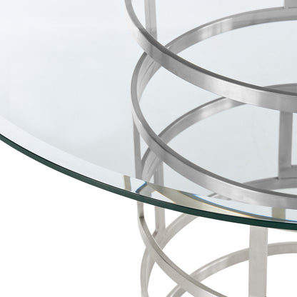 48" Clear And Silver Glass And Stainless Steel Pedestal Base Round Top Dining Table