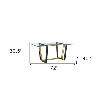 72" Clear And Gold Glass And Iron Sled Base Dining Table