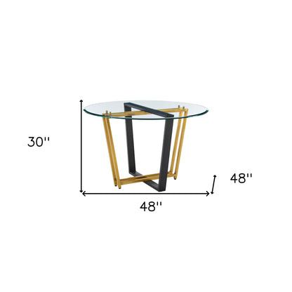 48" Clear And Gold Glass And Iron Sled Base Round Top Dining Table