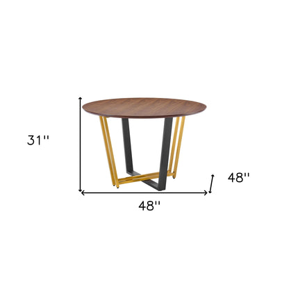 48" Brown And Gold Iron Sled Base Round Top Dining Table