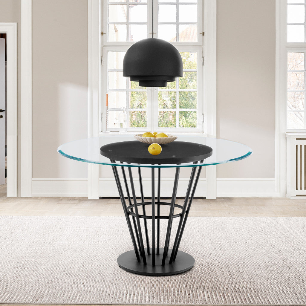 48" Clear And Black Glass And Iron Pedestal Base Round Top Dining Table