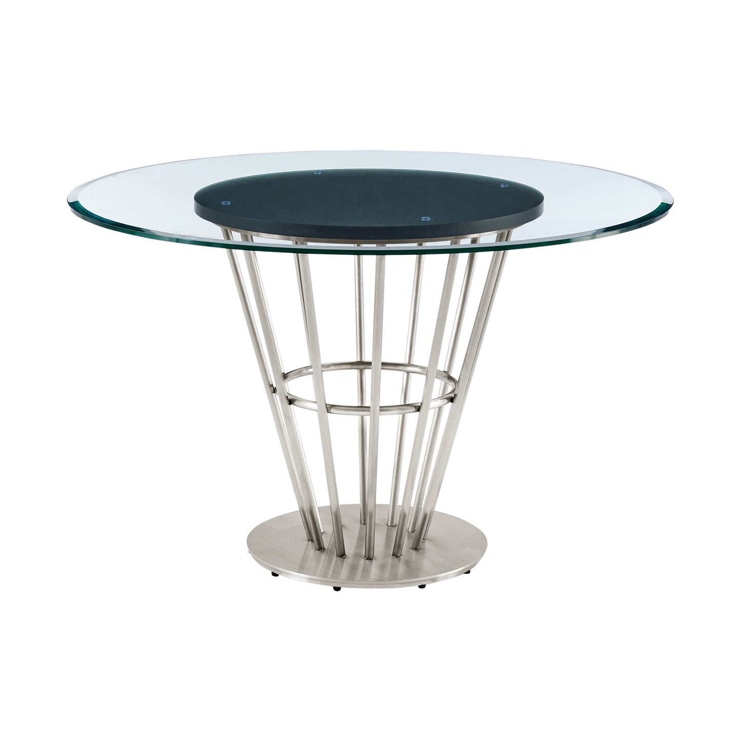 48" Clear And Silver Glass And Stainless Steel Pedestal Base Round Top Dining Table