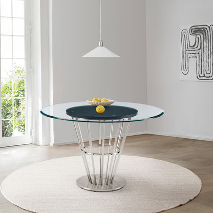 48" Clear And Silver Glass And Stainless Steel Pedestal Base Round Top Dining Table