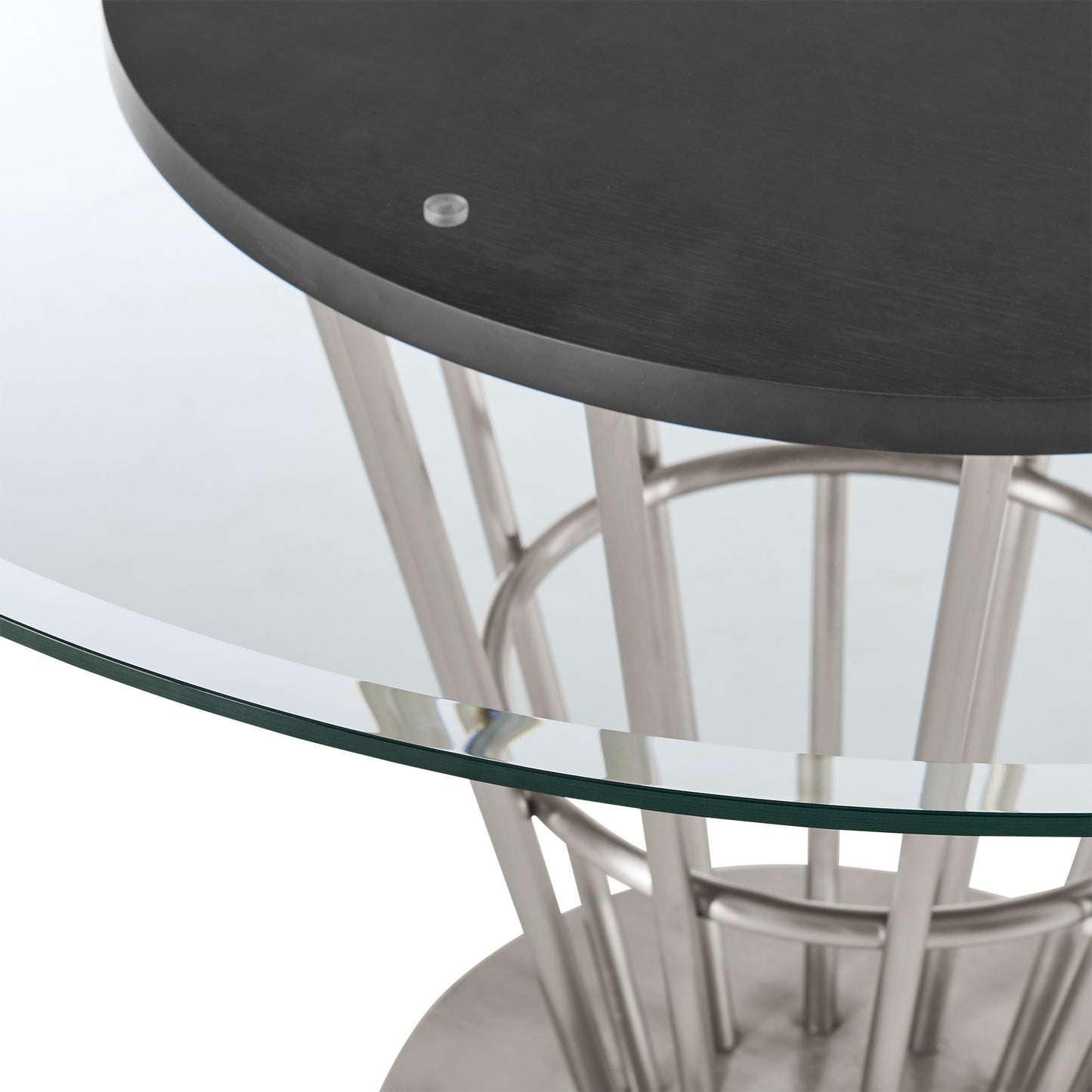 48" Clear And Silver Glass And Stainless Steel Pedestal Base Round Top Dining Table