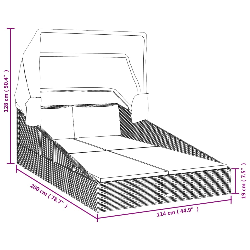 Sunbed with Foldable Roof Gray 78.7"x44.9"x50.4" Poly Rattan