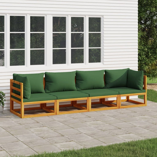 4 Piece Patio Lounge Set with Green Cushions Solid Wood