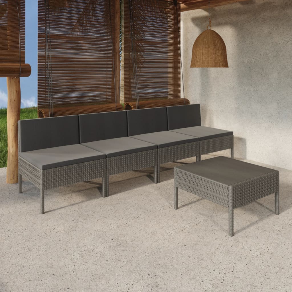 5 Piece Patio Lounge Set with Cushions Poly Rattan Gray