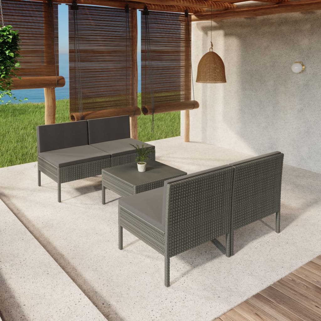 5 Piece Patio Lounge Set with Cushions Poly Rattan Gray