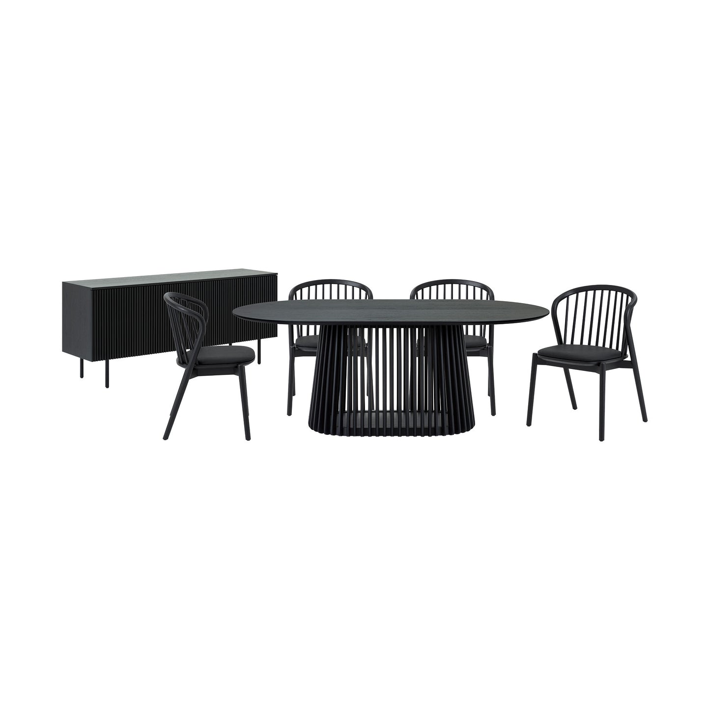 Six Piece Black Oval Dining Set with Four Chairs and Sideboard