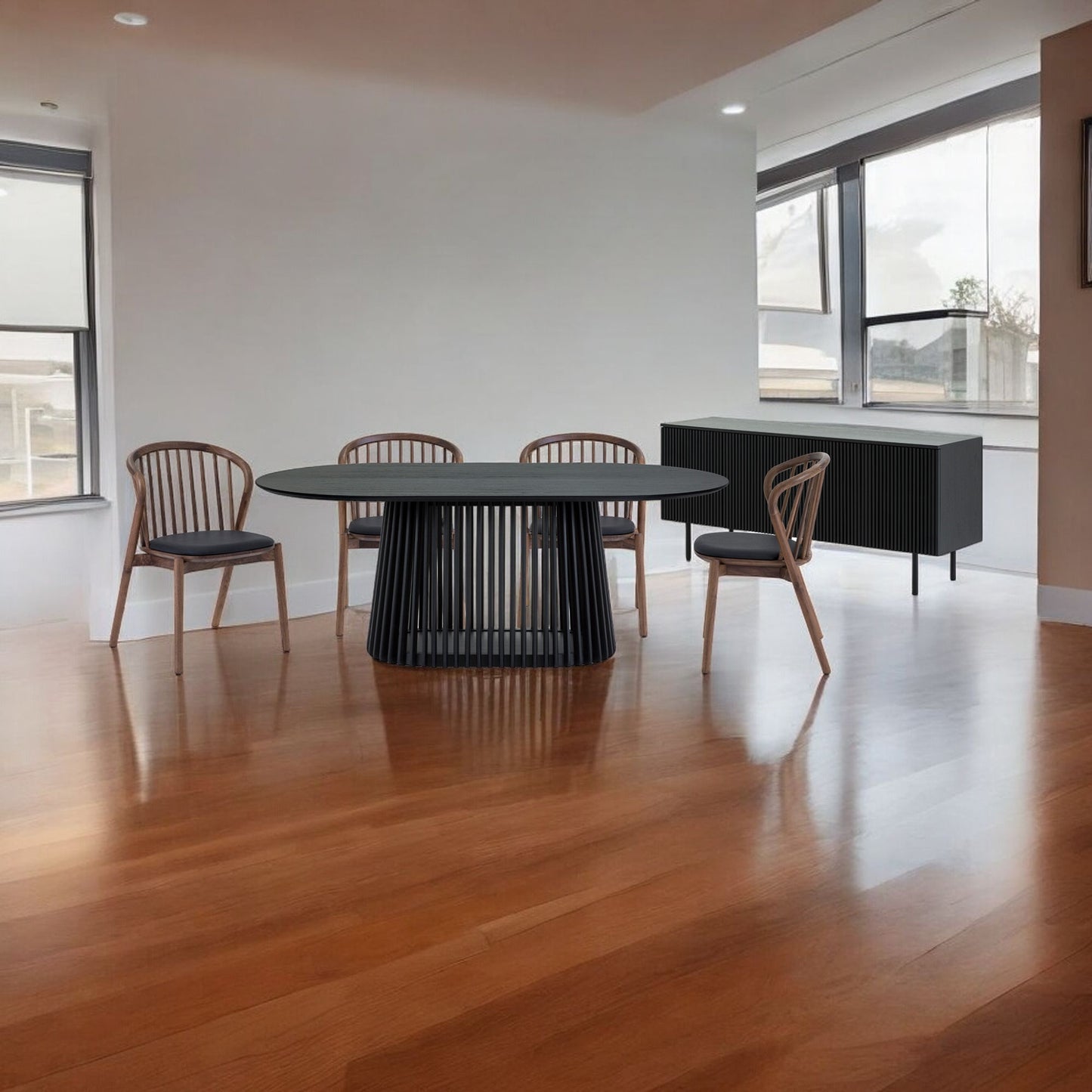 Six Piece Black Oval Dining Set with Four Chairs and Sideboard