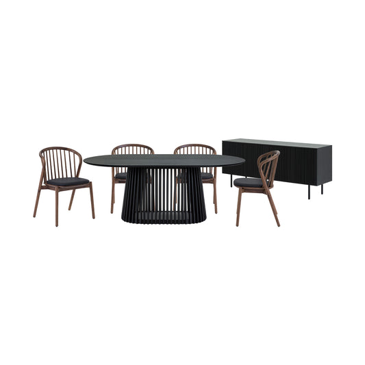 Six Piece Black Oval Dining Set with Four Chairs and Sideboard