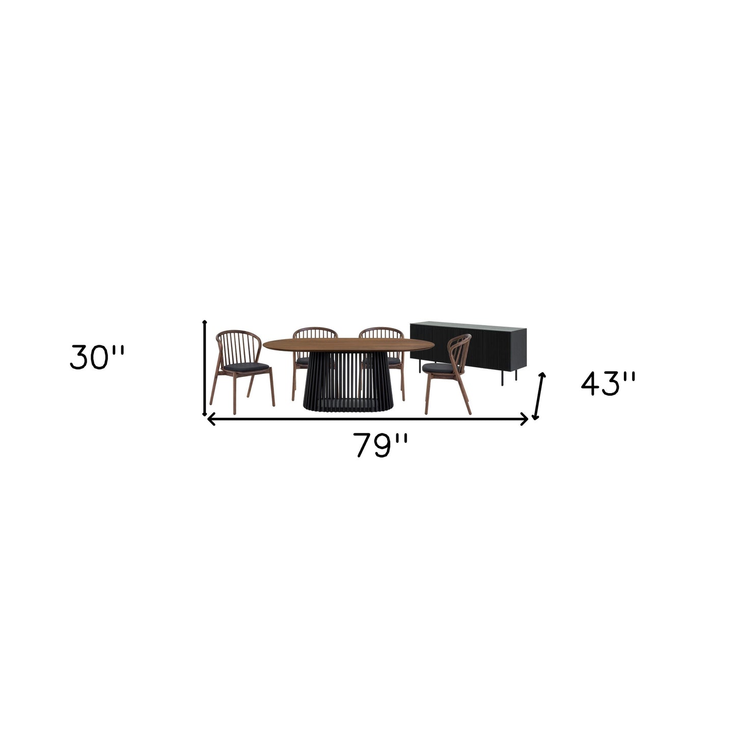 Six Piece Brown and Black Oval Dining Set with Four Chairs and Sideboard