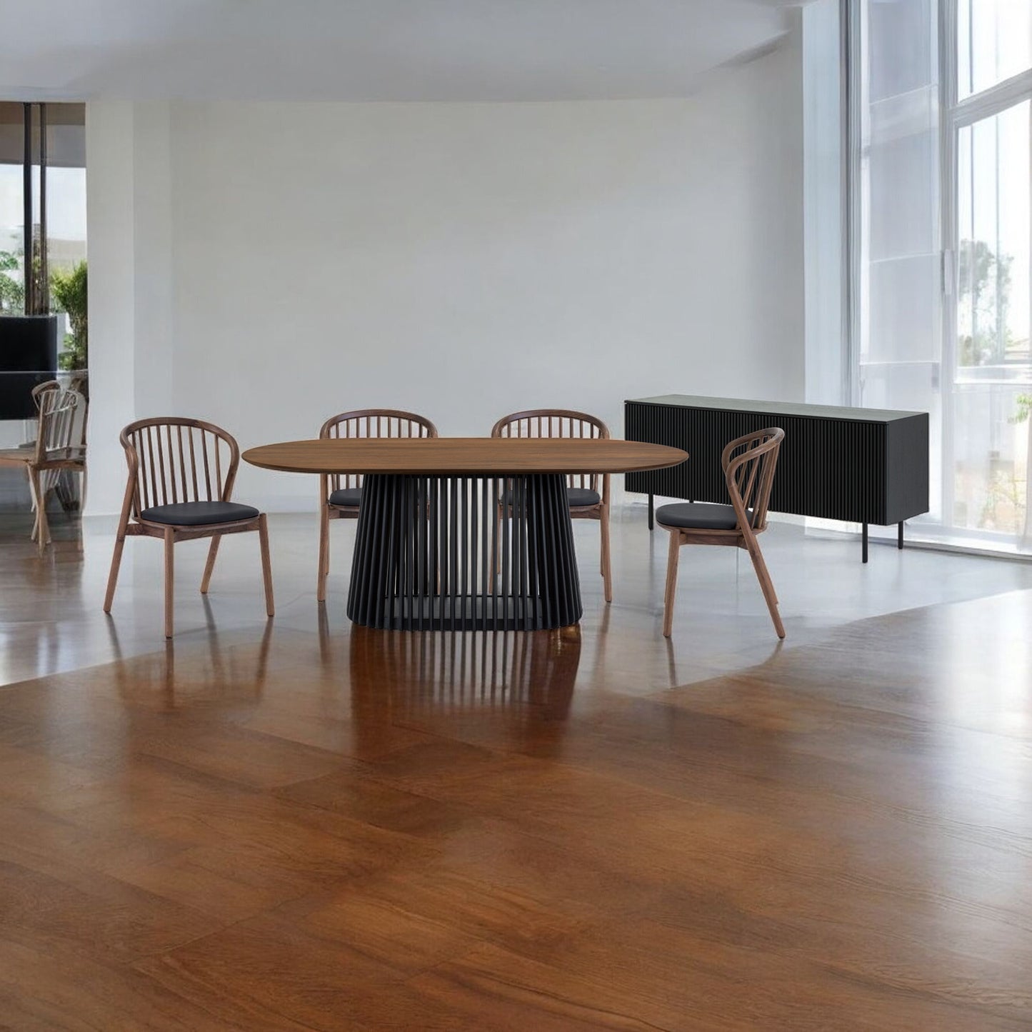 Six Piece Brown and Black Oval Dining Set with Four Chairs and Sideboard