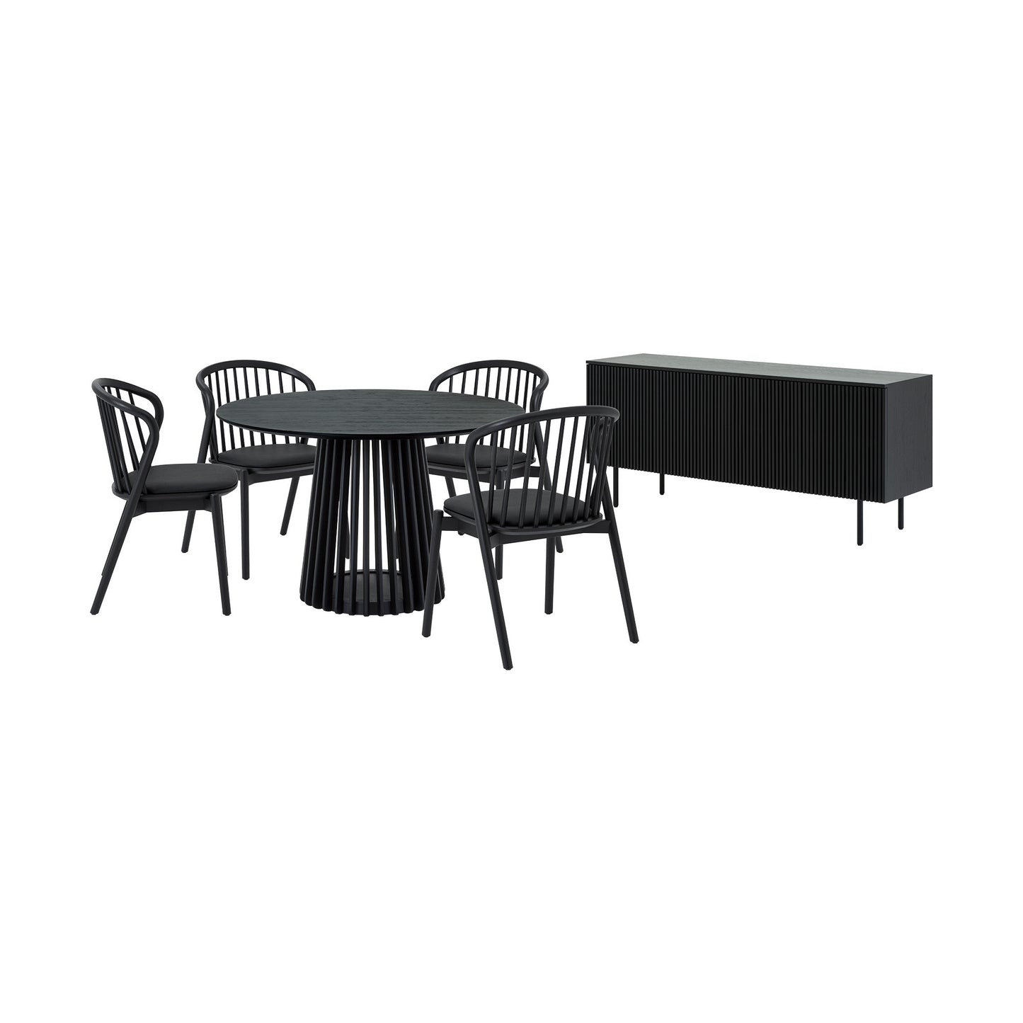 Six Piece Black Round Dining Set with Four Chairs and Sideboard