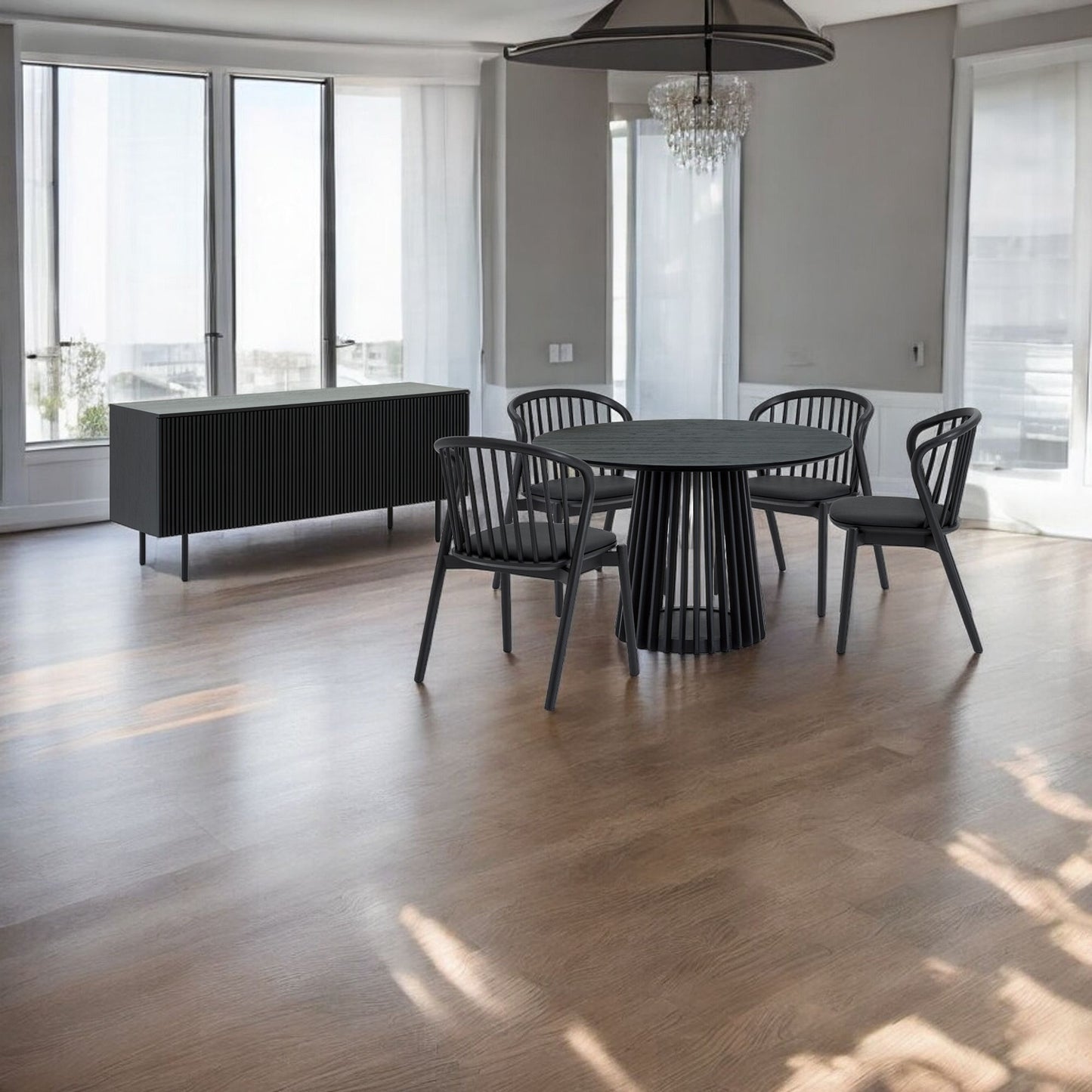 Six Piece Black Round Dining Set with Four Chairs and Sideboard