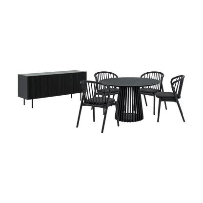 Six Piece Black Round Dining Set with Four Chairs and Sideboard