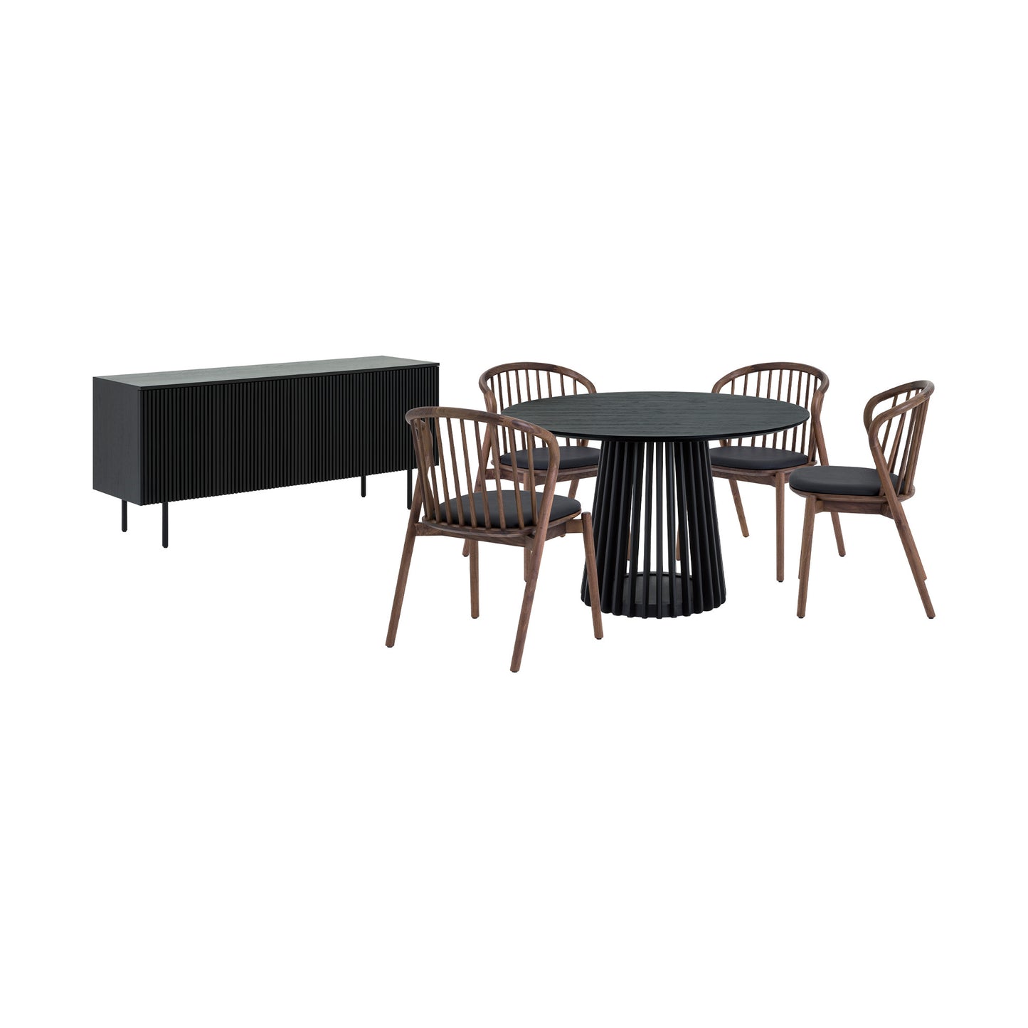 Six Piece Black Round Dining Set with Four Chairs and Sideboard