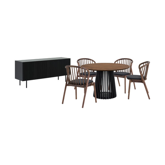 Six Piece Brown and Black Round Dining Set with Four Chairs and Sideboard