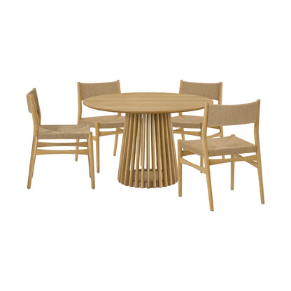 Five Piece Oak Round Dining Set with Four Chairs