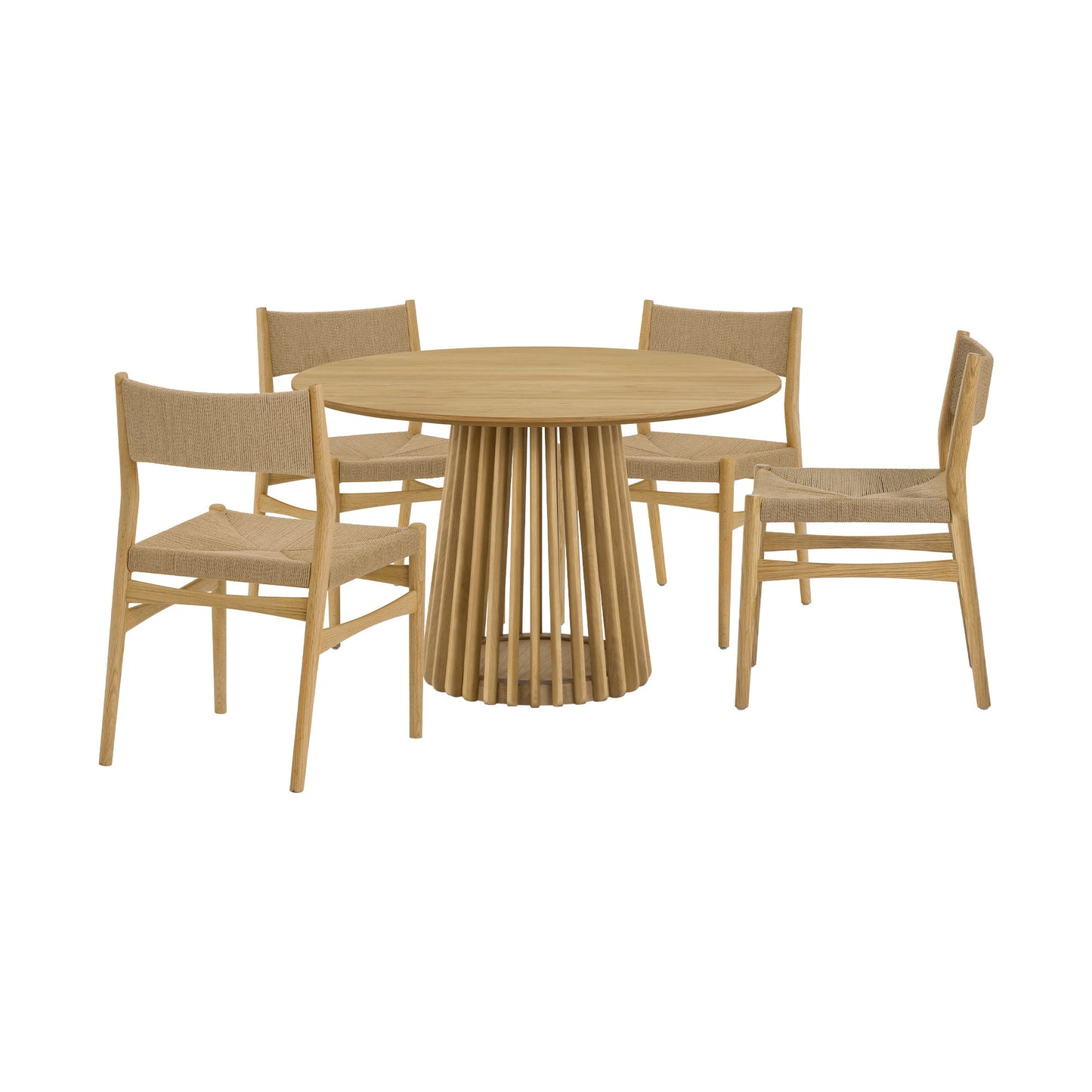 Five Piece Oak Round Dining Set with Four Chairs