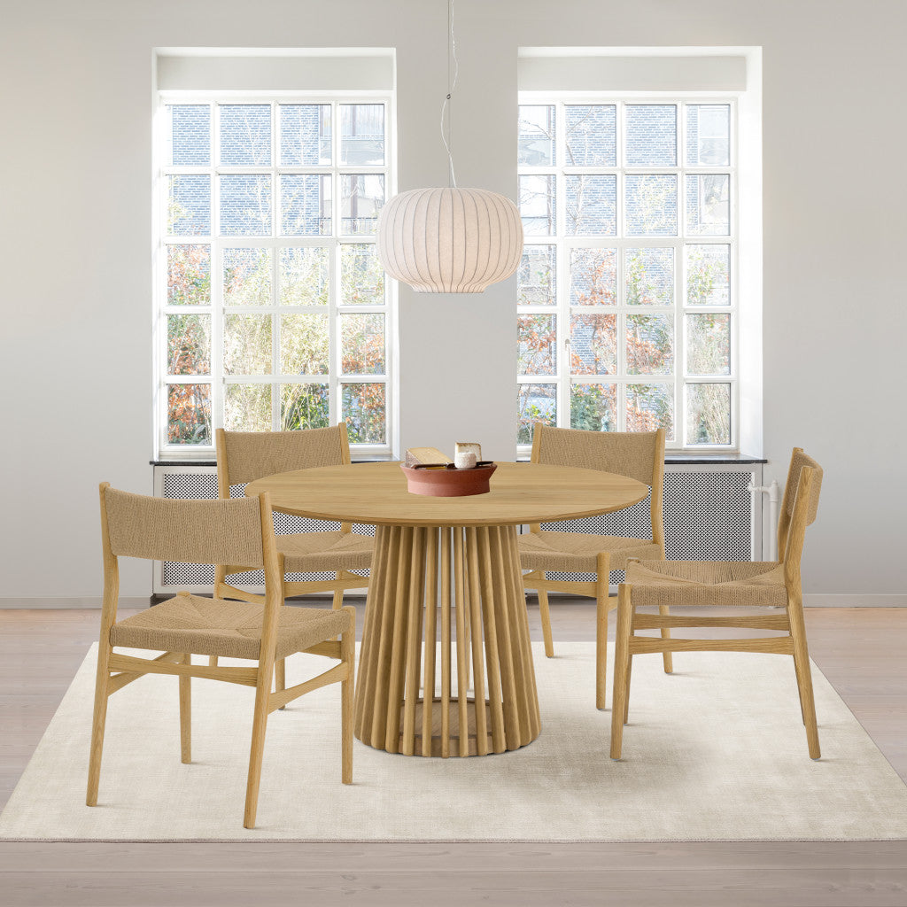 Five Piece Oak Round Dining Set with Four Chairs