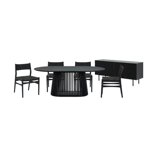 Six Piece Black Oval Dining Set with Four Chairs and Sideboard