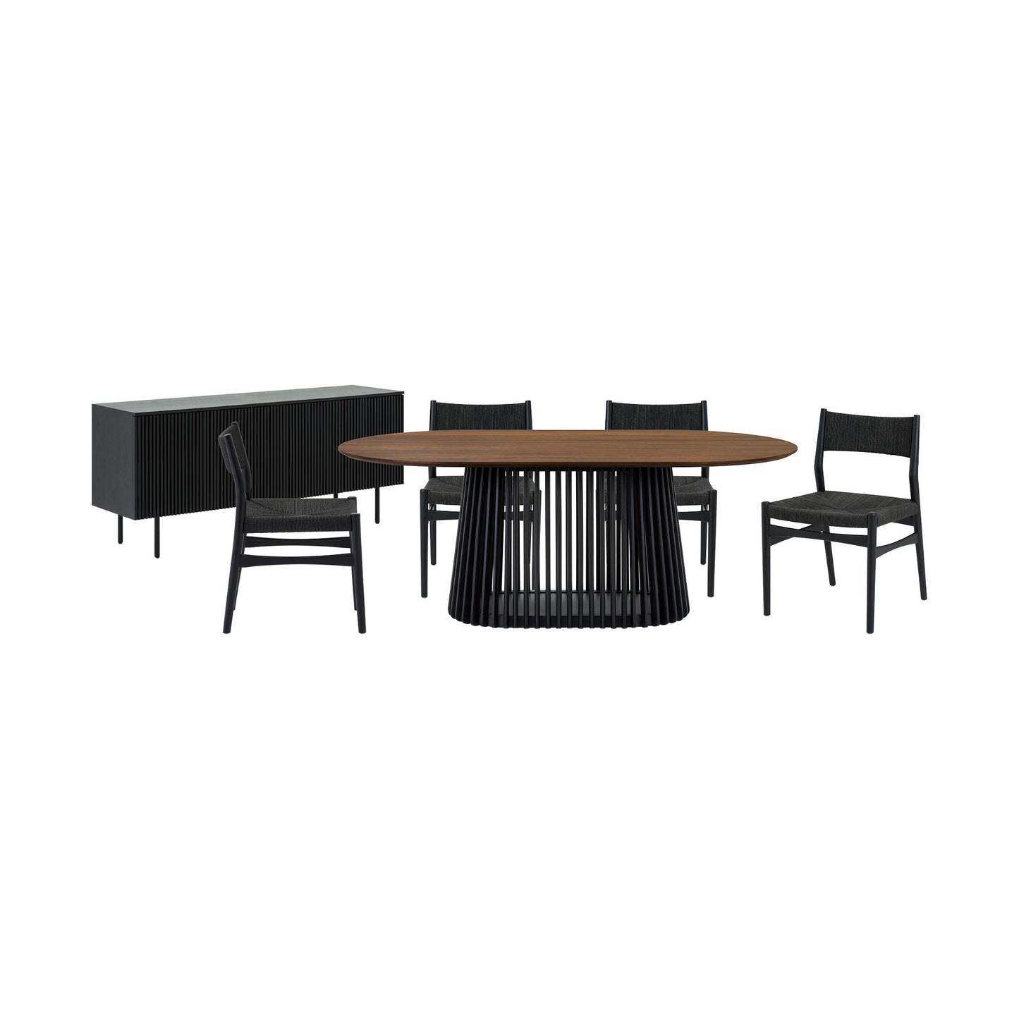 Six Piece Brown and Black Oval Dining Set with Four Chairs and Sideboard