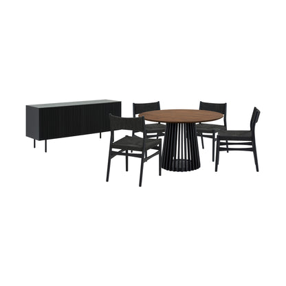 Six Piece Brown and Black Round Dining Set with Four Chairs and Sideboard