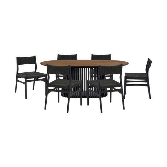 Seven Piece Brown and Black Oval Dining Set with Six Chairs