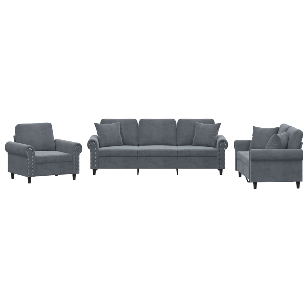 3 Piece Sofa Set with Pillows Dark Gray Velvet