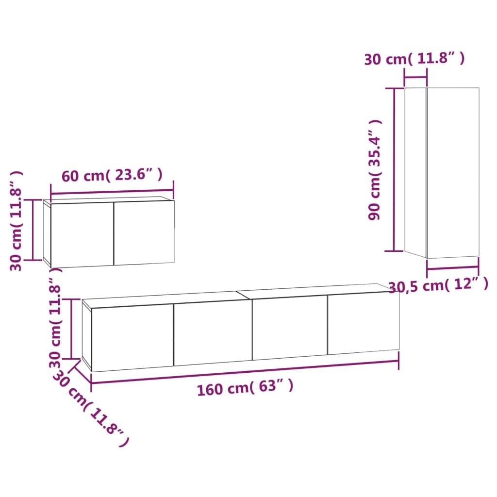 4 Piece TV Stand Set White Engineered Wood